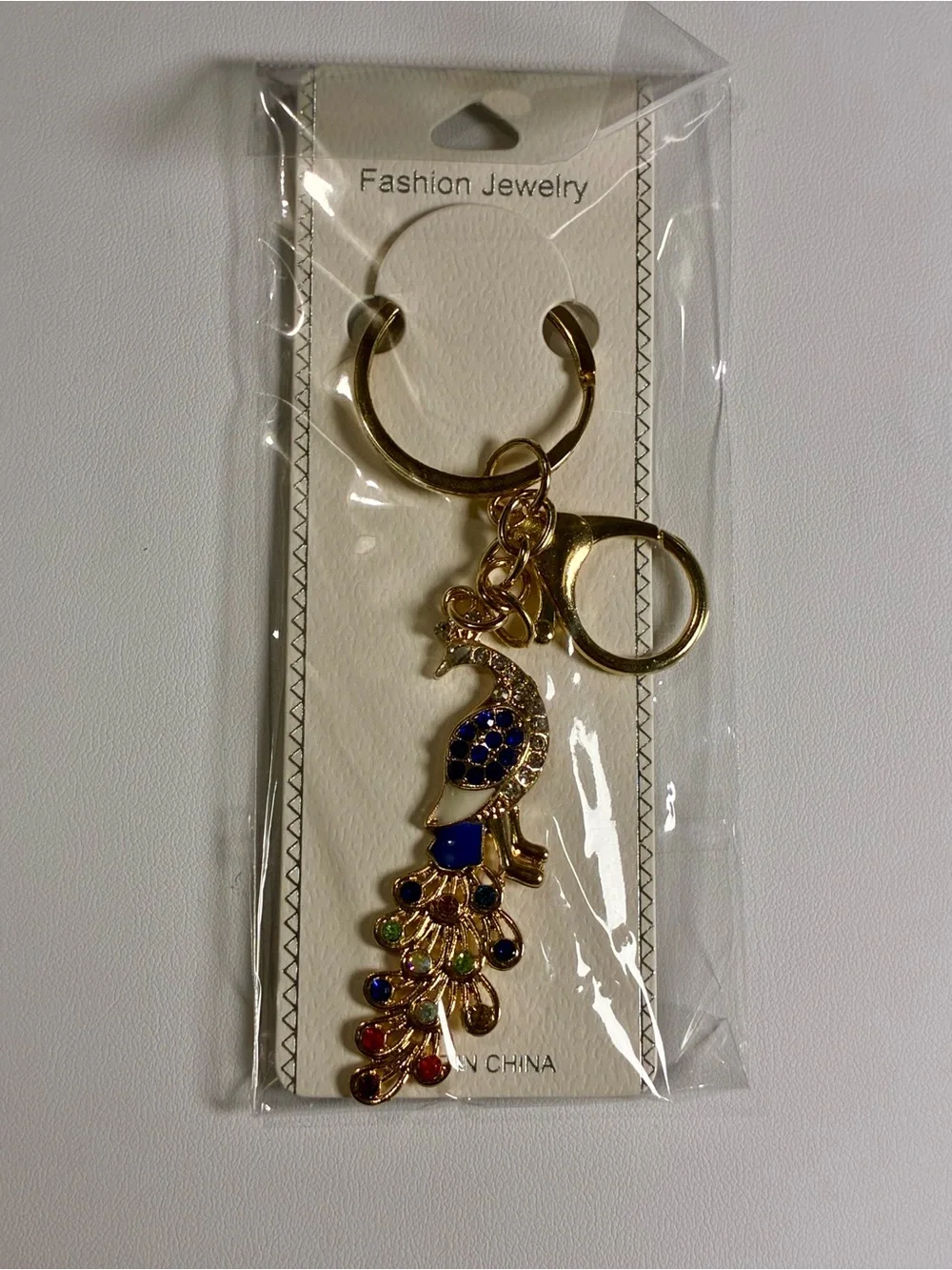 Gold-Tone Blue Peacock Keychain Charm